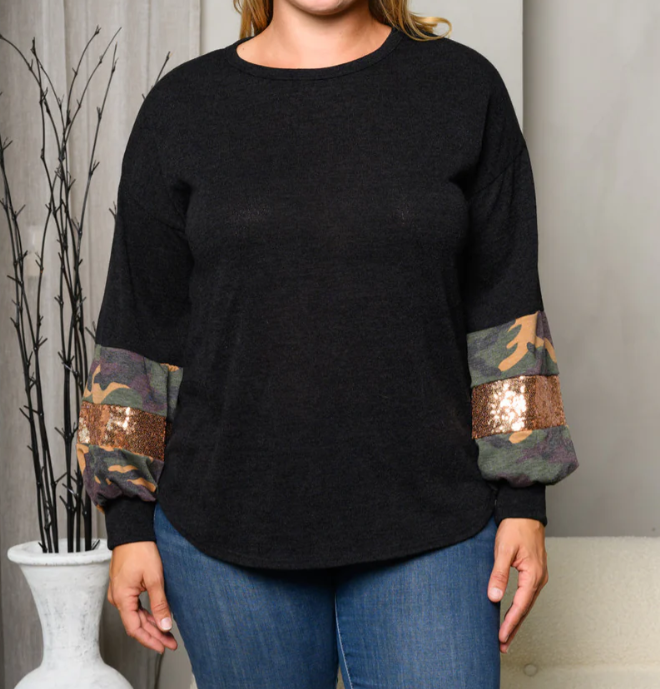 Camo & Sparkle Statement Sleeve Sweater