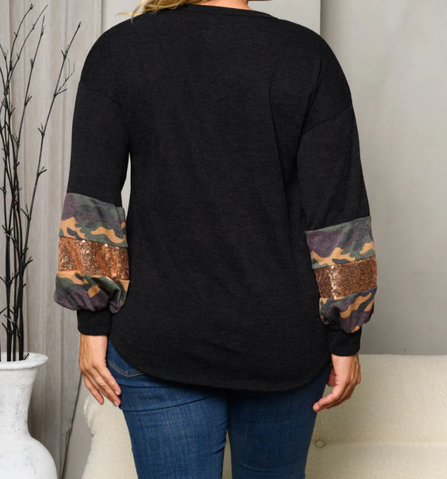Camo & Sparkle Statement Sleeve Sweater