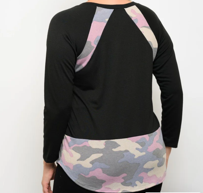 Pastel Camo Colorblock V-Neck Top