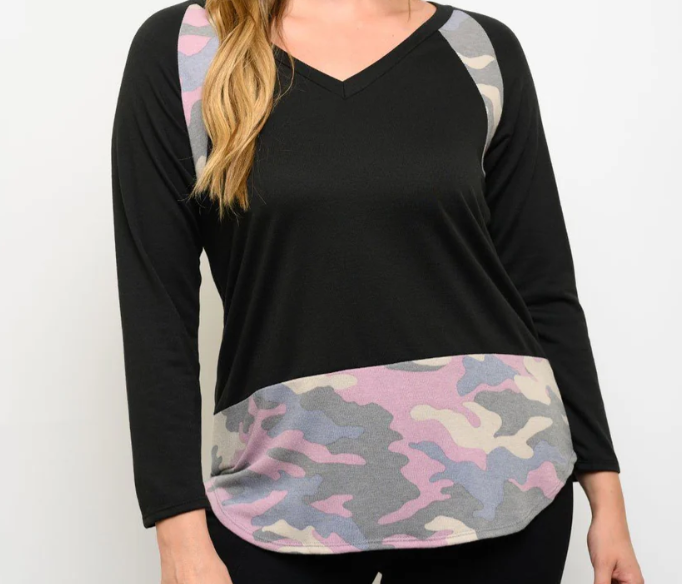 Pastel Camo Colorblock V-Neck Top