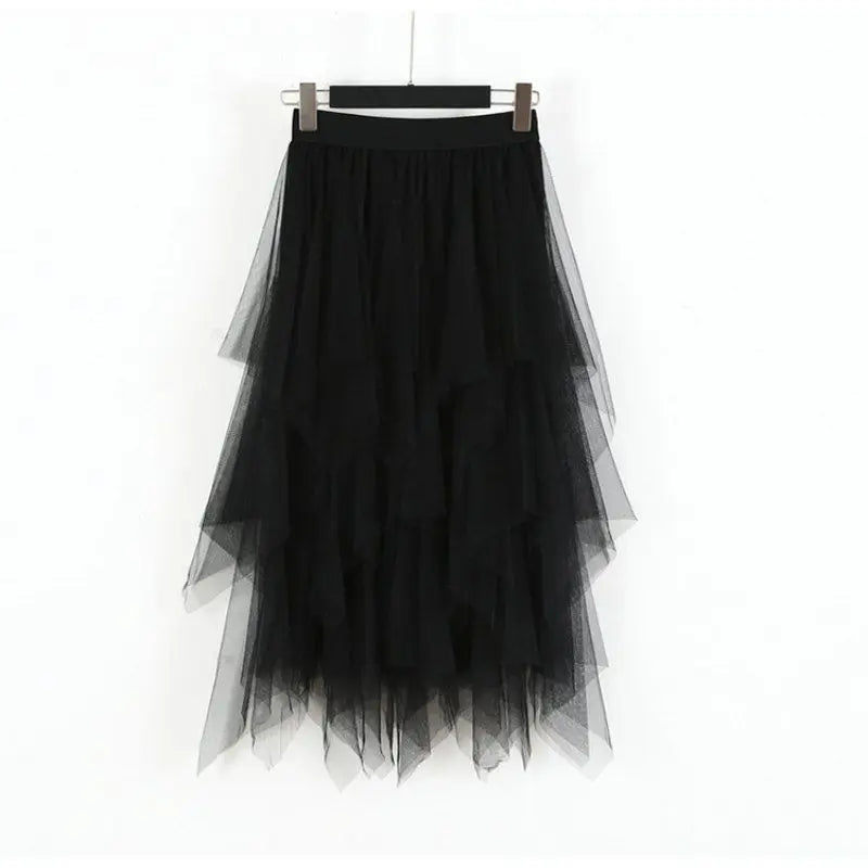 Fashion 2022 Spring Party Skirt Elastic High Waist Long Tulle Skirt Women Irregular Hem Mesh Tutu Skirt Ladies