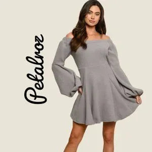 Petalroz Off Shoulder Long Puff Sleeve Mini Dress Gray