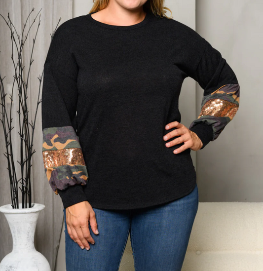 Camo & Sparkle Statement Sleeve Sweater